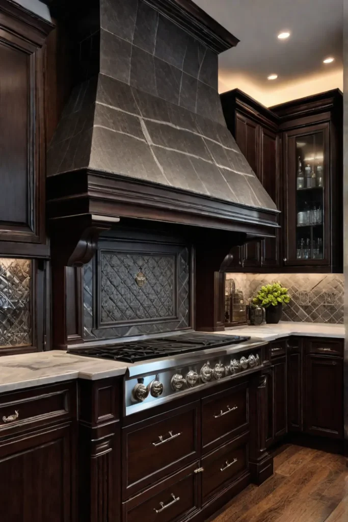 Natural stone tile backsplash with veining in a traditional kitchen