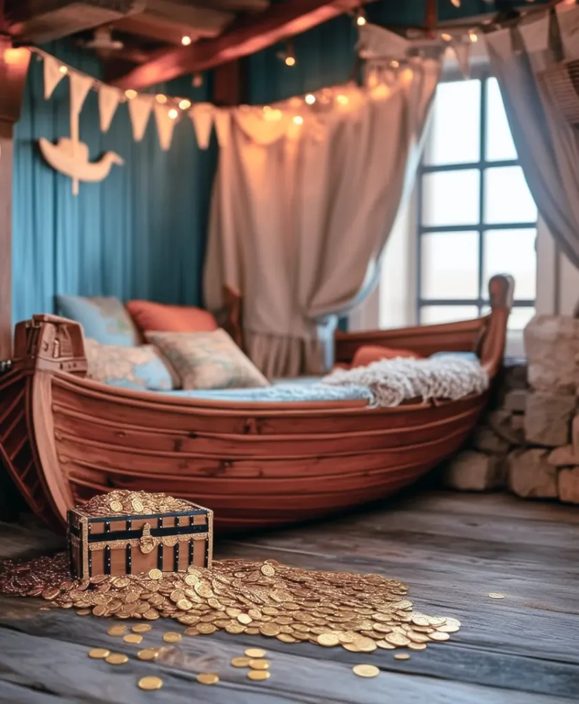 Nautical playroom design with pirate flags and treasure maps