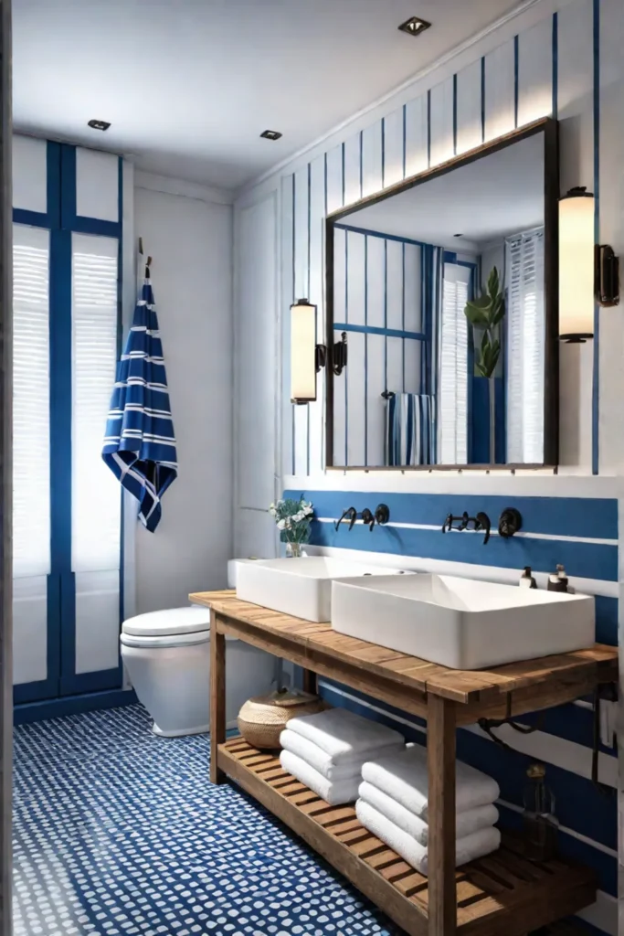 Nauticalthemed bathroom with blue and white stripes and seashells