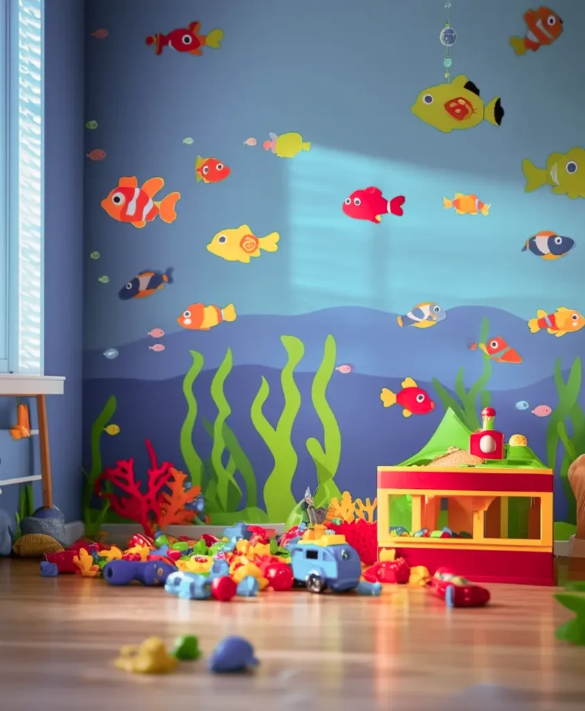 Ocean inspired playroom design with treasure chest and marine life