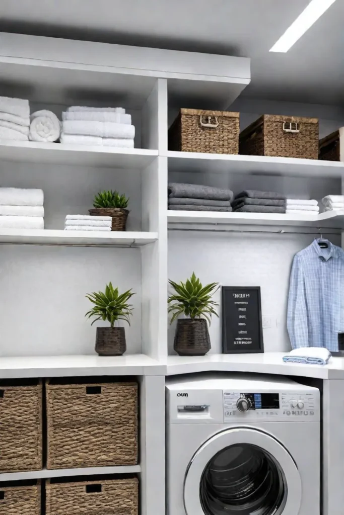 Optimized laundry room storage with vertical and horizontal organization