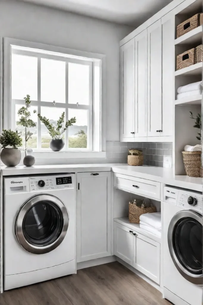 Organized laundry room with white cabinets