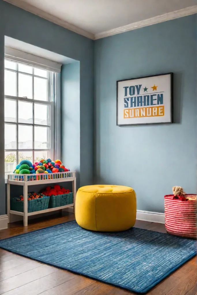 Organized playroom with bookshelf and bins