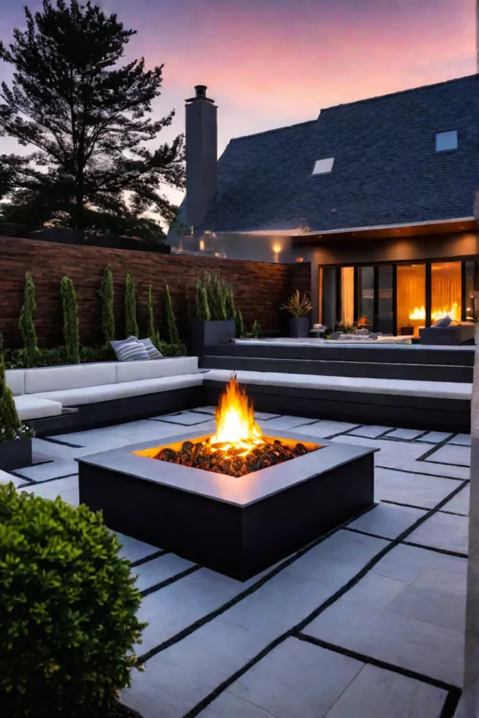 Patio with builtin seating and fire pit