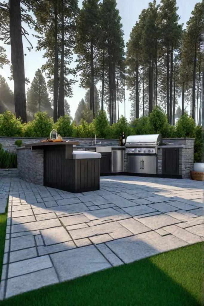 Paver patio with intricate patterns and outdoor kitchen