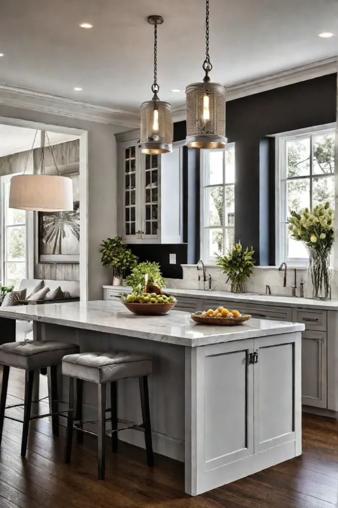 Pendant light illuminating kitchen island