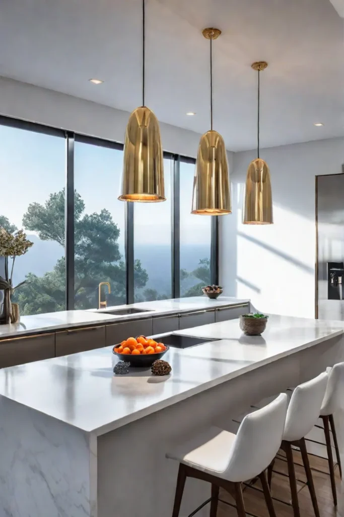 Pendant lights as a focal point in a contemporary kitchen with clean lines and metallic accents