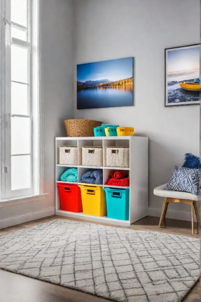 Playroom corner with labeled storage bins