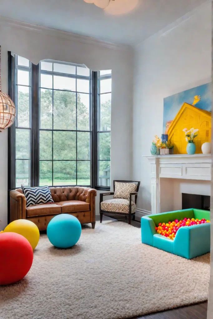 Playroom with art station ball pit and reading nook