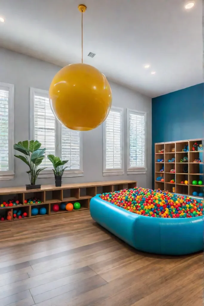 Playroom with climbing wall ball pit and art station