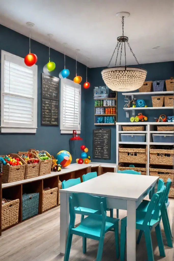 Playroom with pegboard organization system