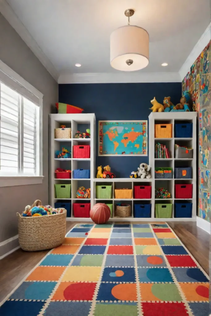 Playroom with playful rug and storage solutions