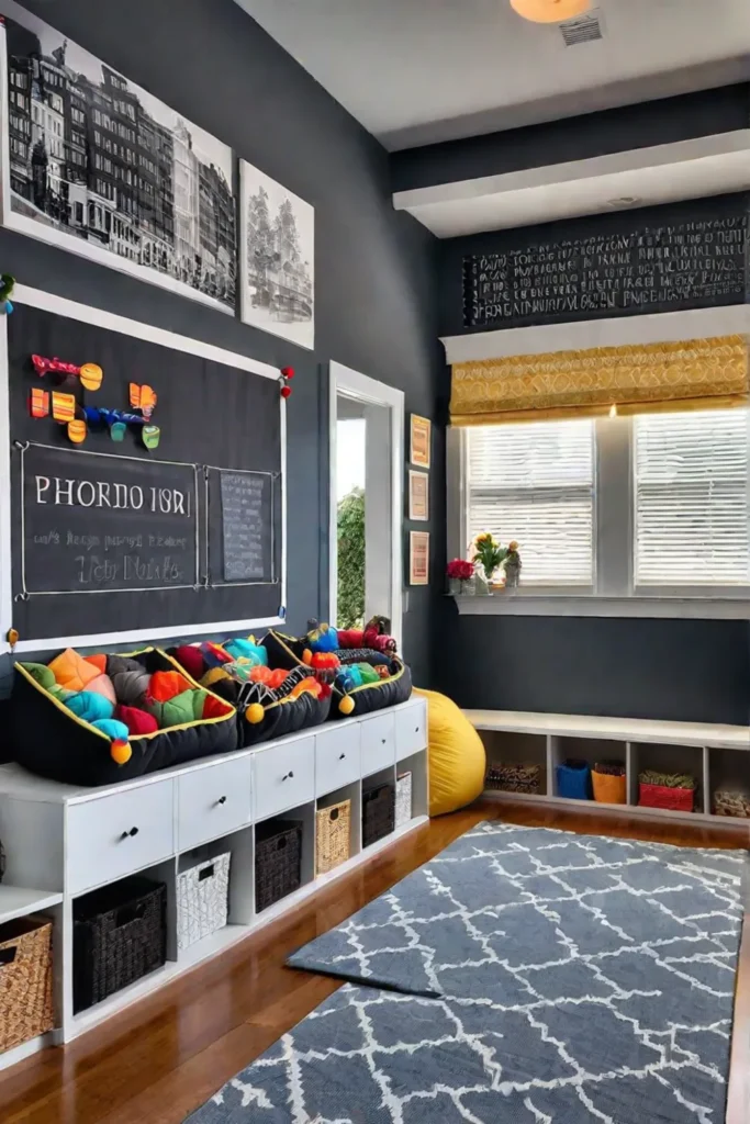 Playroom with puppet theater art station and reading nook