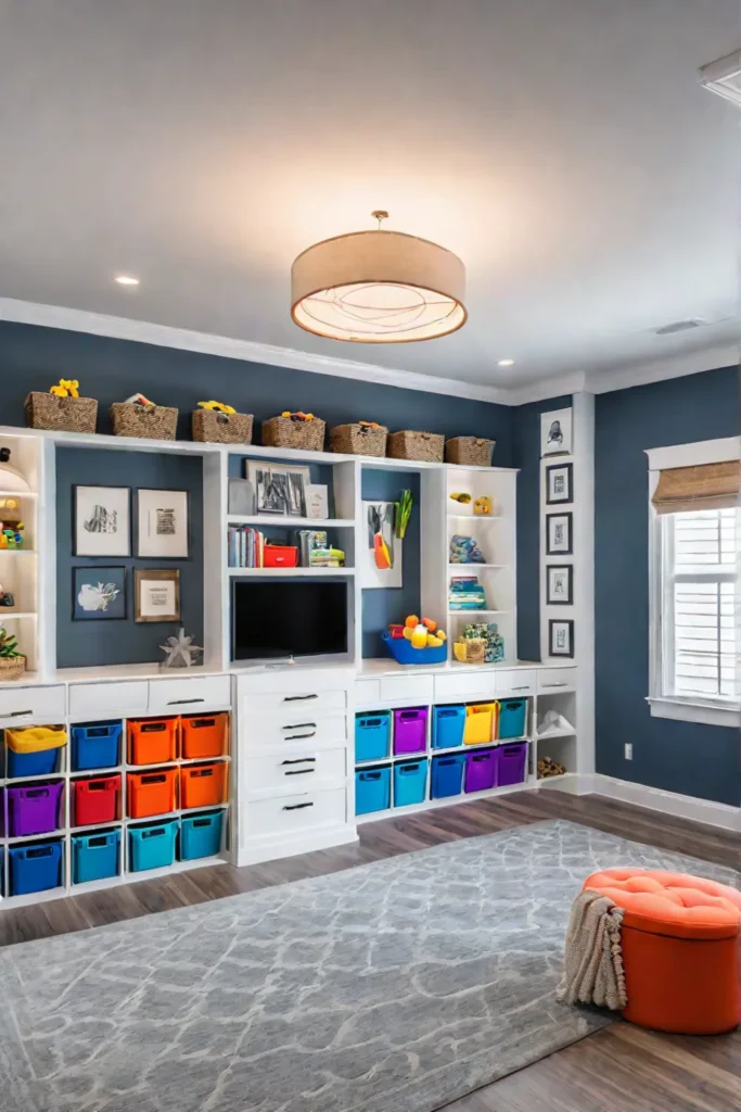 Playroom with train track and labeled storage bins