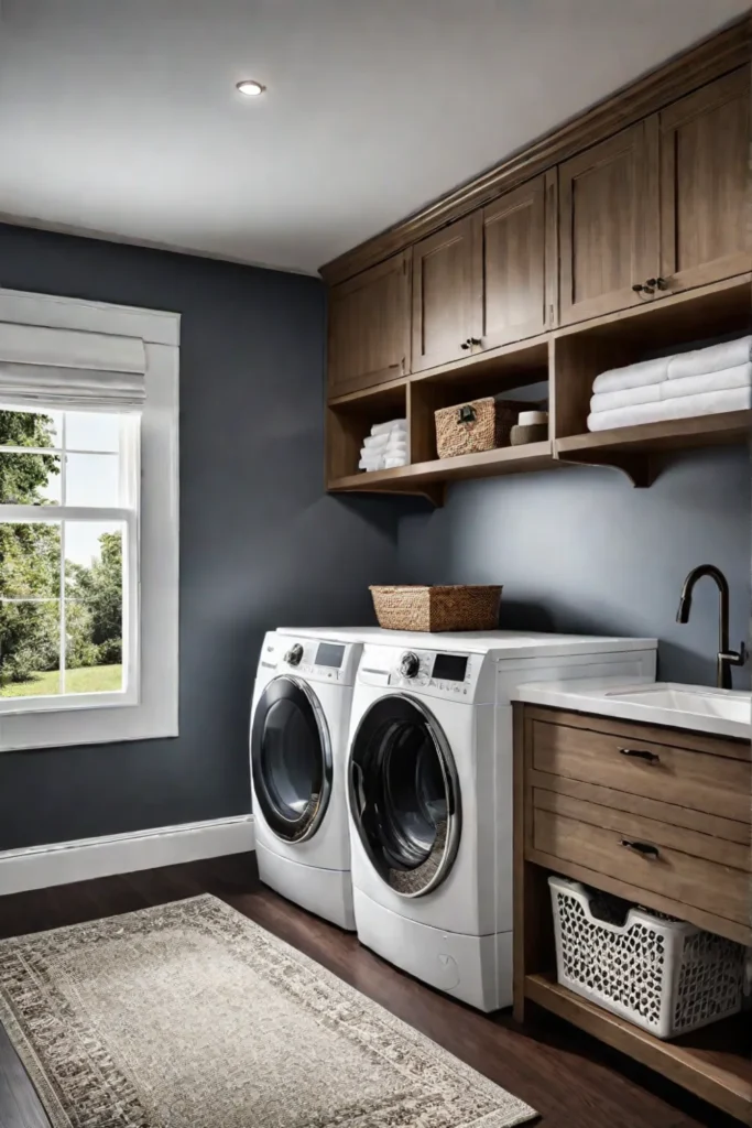 Pullout drawer above washer for storage and organization