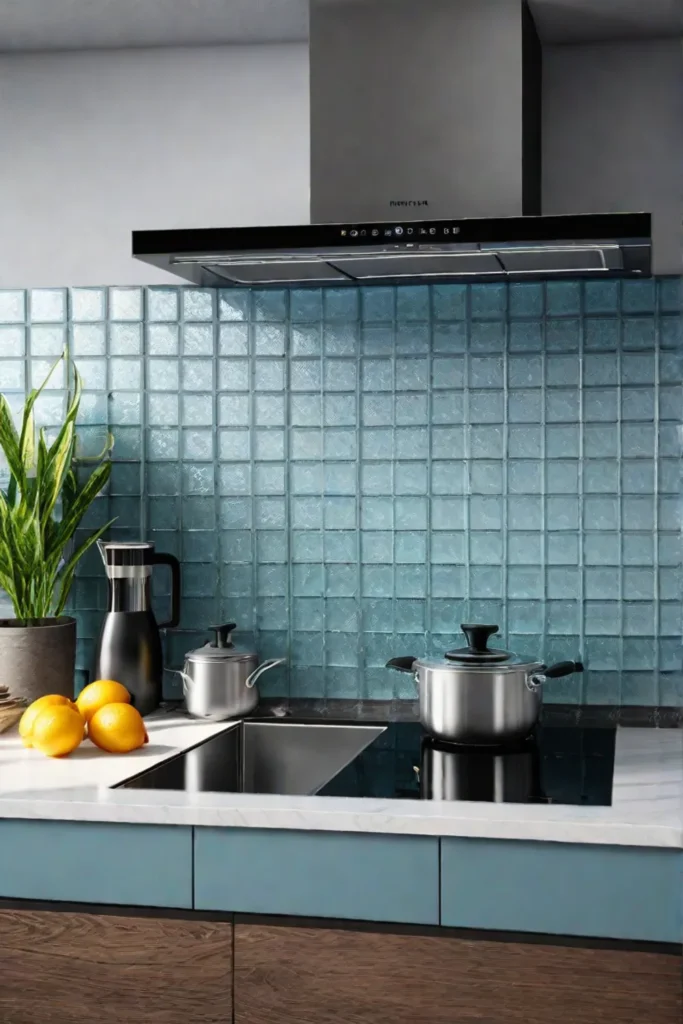 Recycled glass tile backsplash in sustainable kitchen