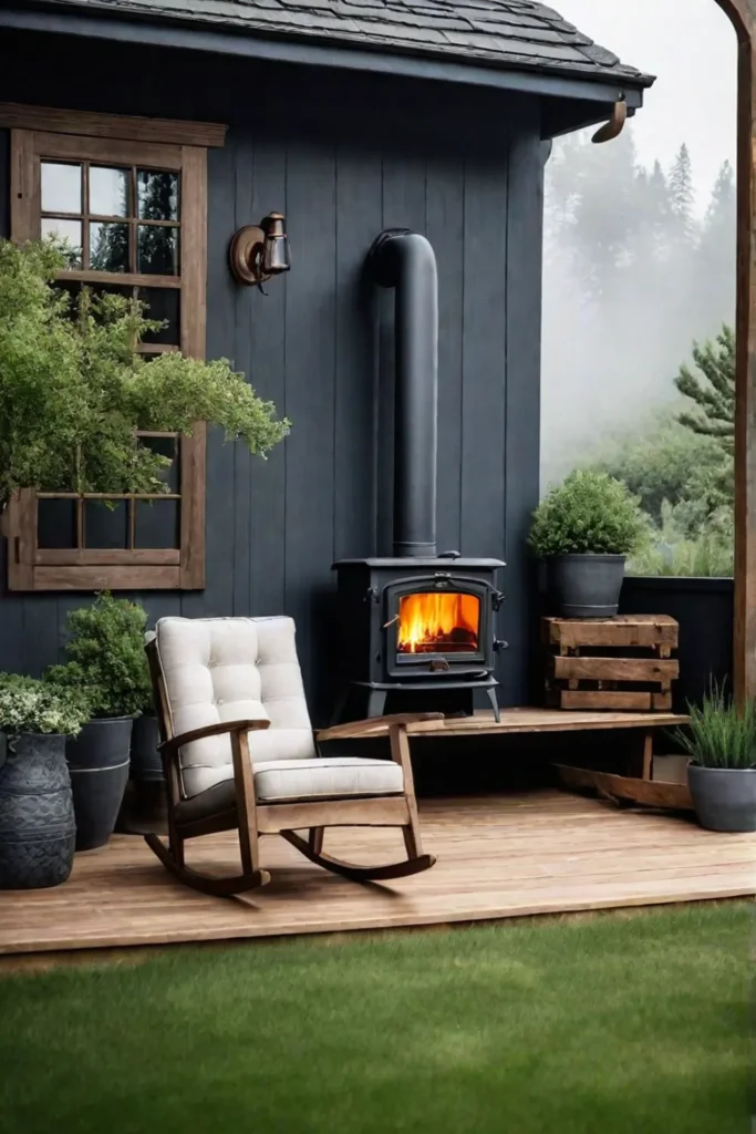 Rustic backyard patio with woodburning stove and rocking chair