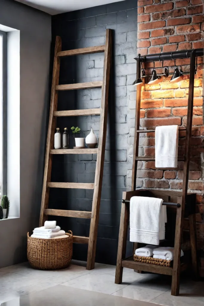 Rustic bathroom with decorative wooden ladder towel rack