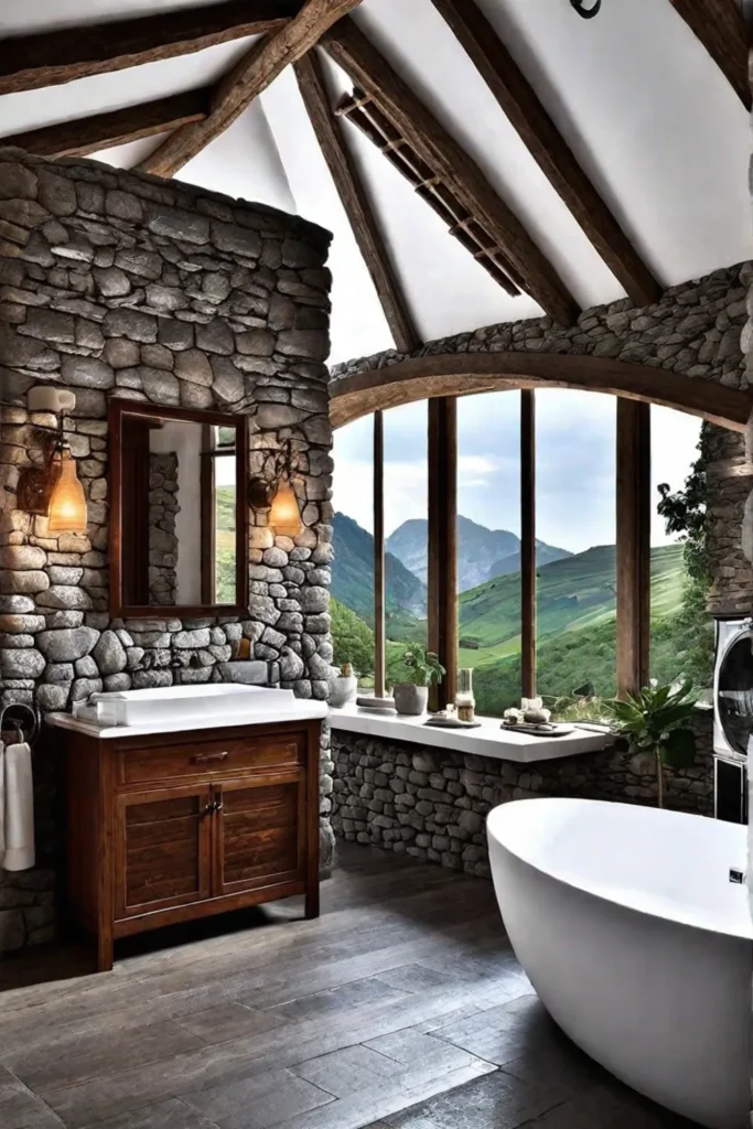 Rustic bathroom with exposed beams and stone walls