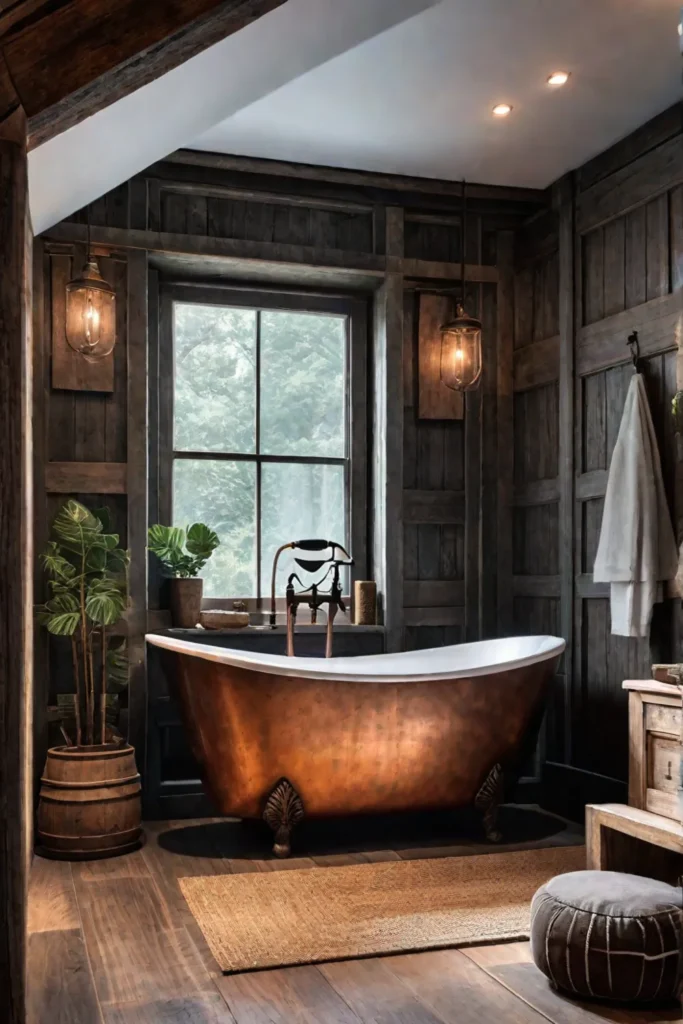 Rustic bathroom with reclaimed wood vanity and copper bathtub