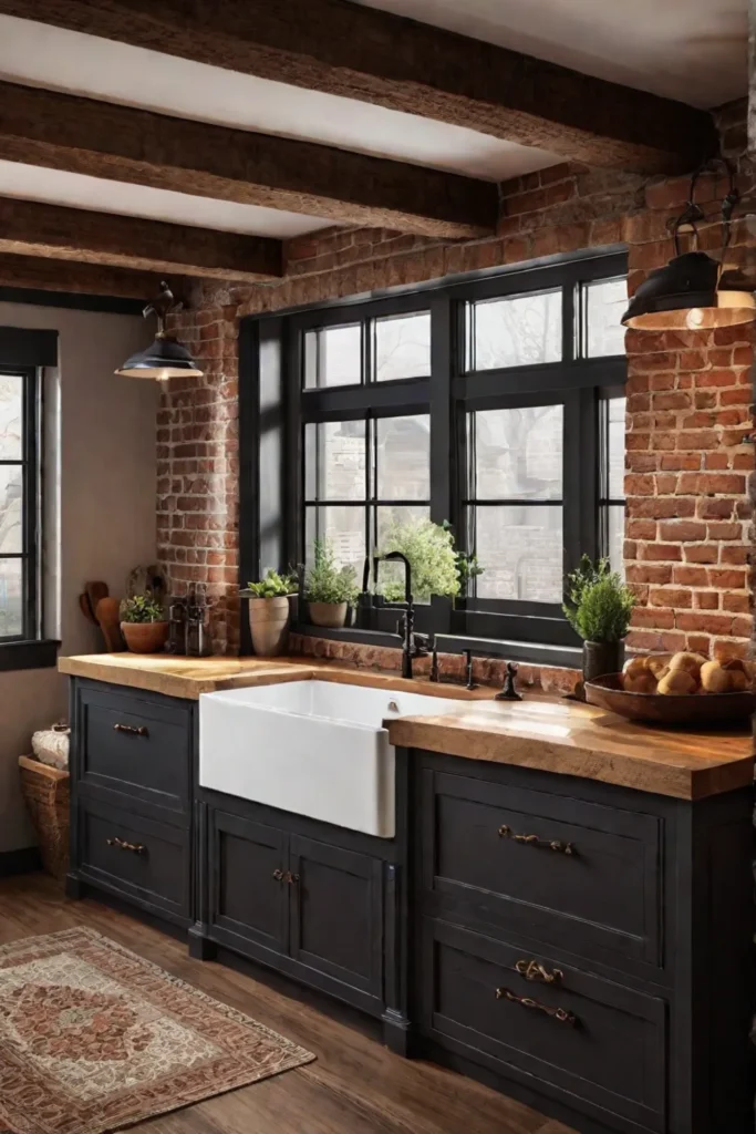 Rustic kitchen with exposed brick walls 1