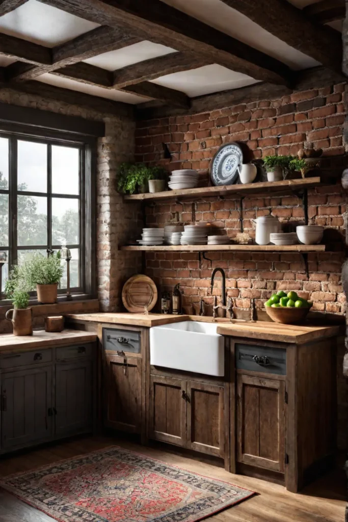 Rustic kitchen with exposed brick walls