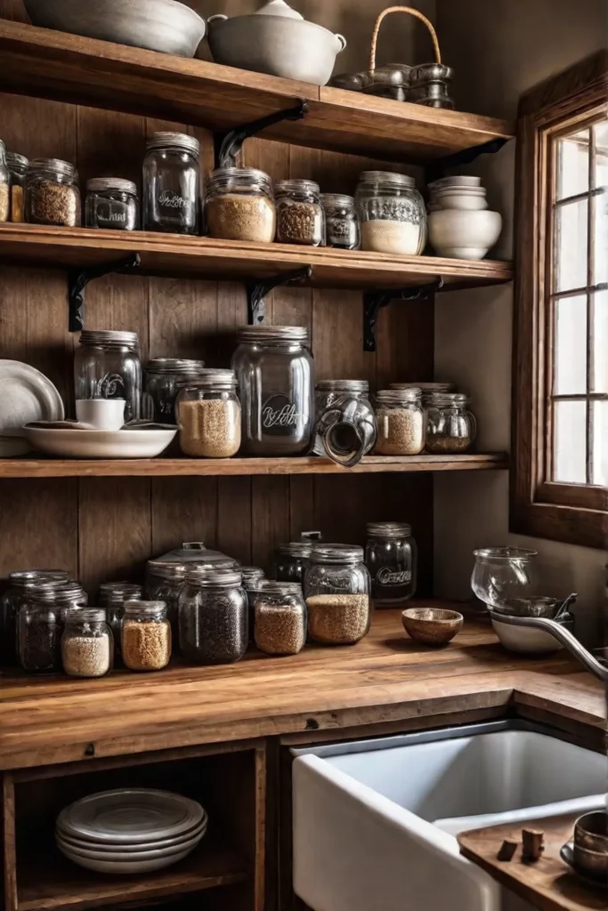 Rustic kitchen with open shelving and vintage dishware
