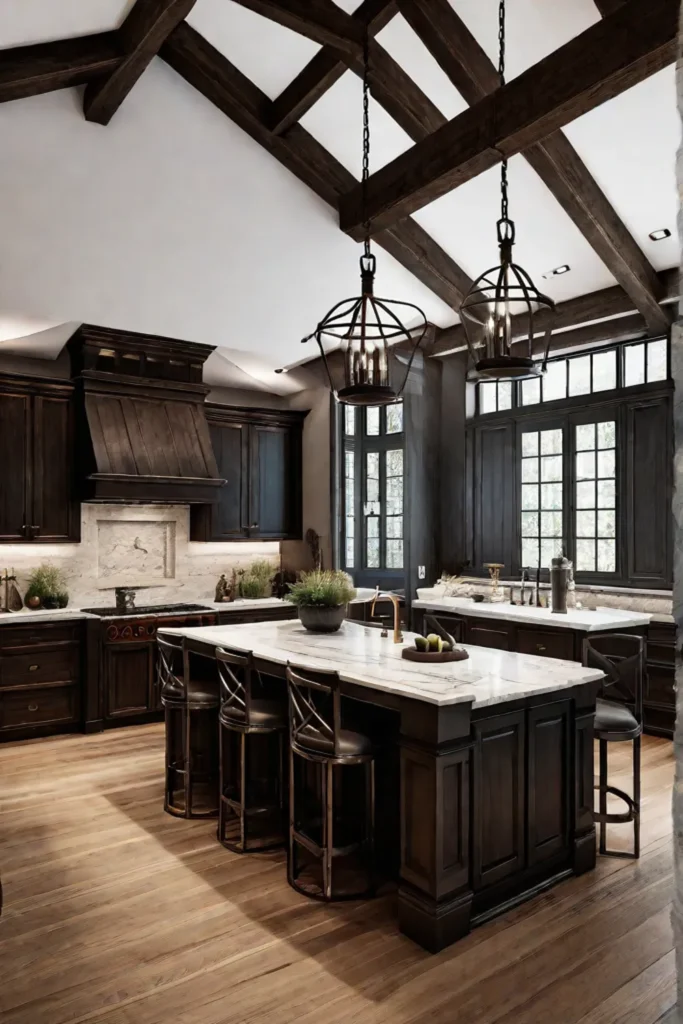 Rustic kitchen with pendant and sconce lighting