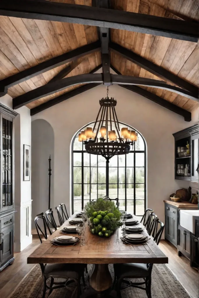 Rustic kitchen with wooden beam ceiling and chandelier