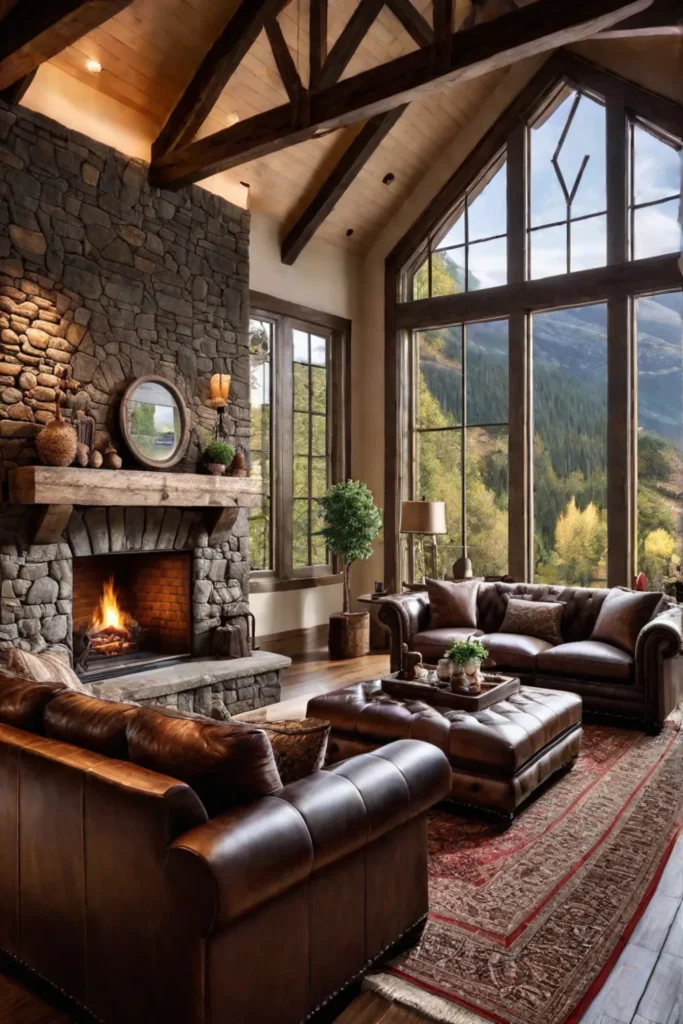 Rustic living room with exposed beams and a stone fireplace