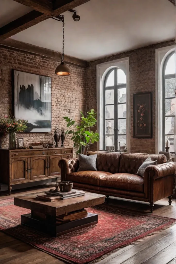 Rustic living room with exposed brick and thrifted furniture