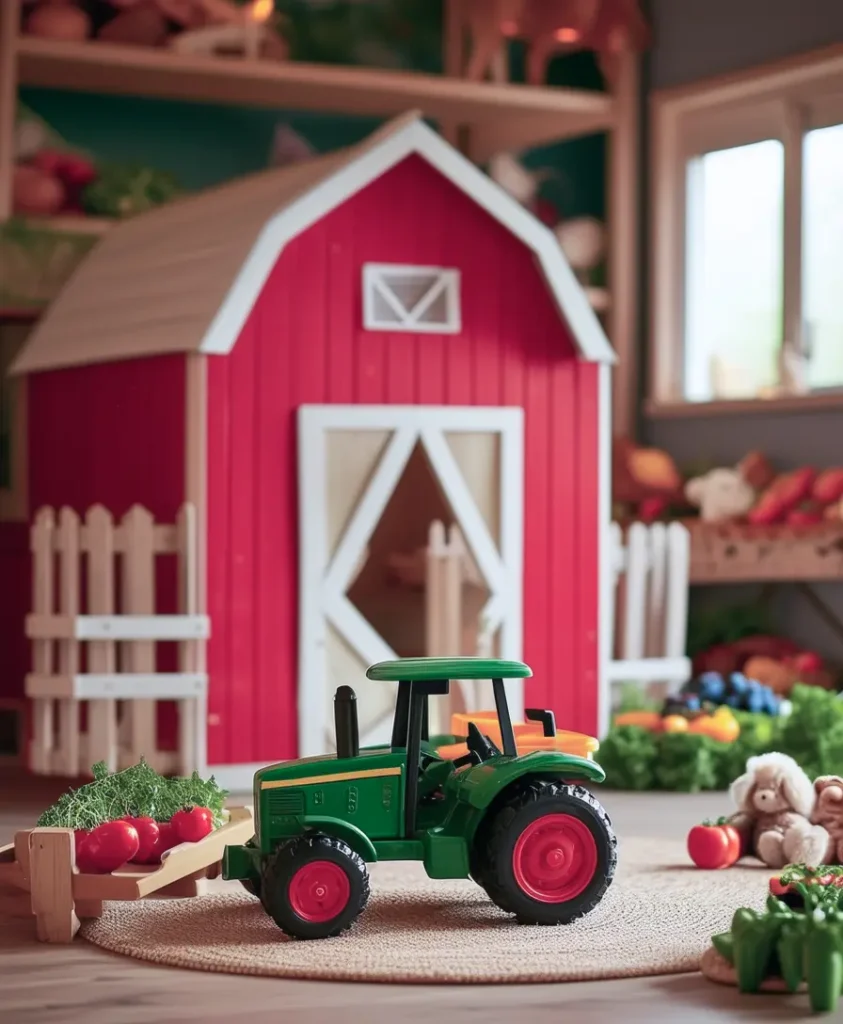 Rustic playroom design with farm animals and toy vegetables