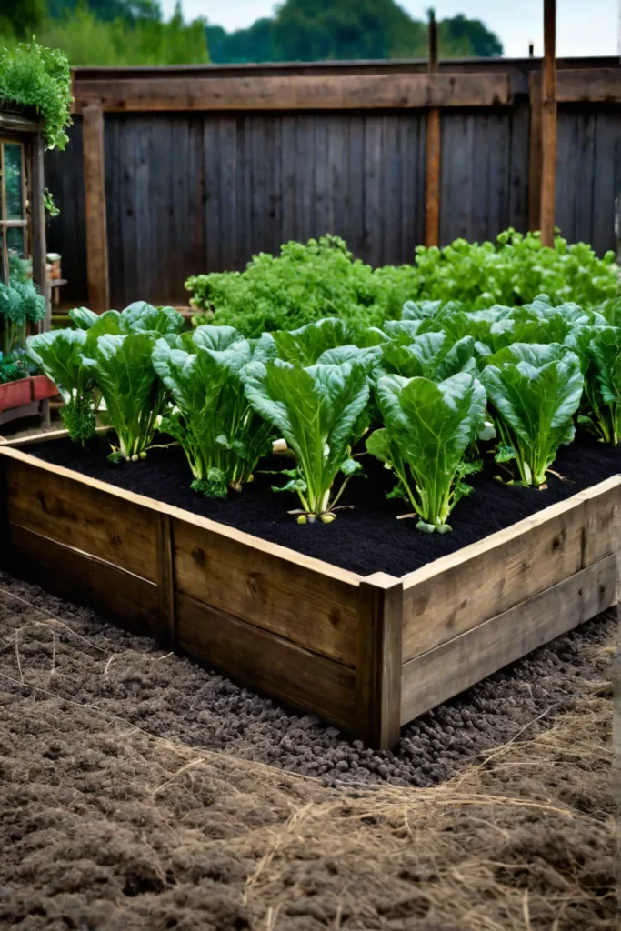 Rustic raised bed vegetable garden with weathered wood