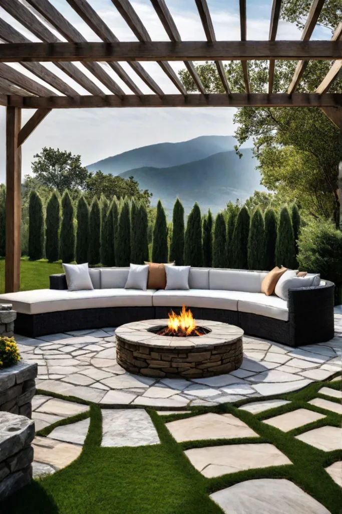 Rustic stone patio with wooden pergola and fireplace