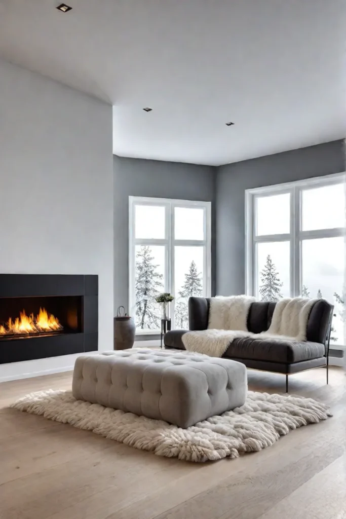 Scandinavian living room with cozy armchair fireplace and natural light