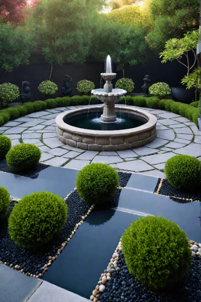 Serene backyard patio with flagstone floor and fountain