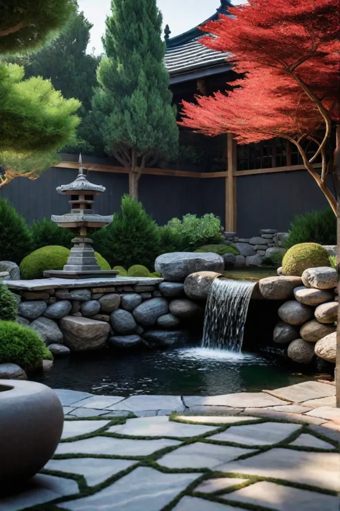 Serene backyard patio with flagstone floor and water feature