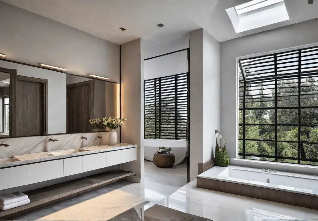 Serene bathroom with light wood cabinets white marble countertops and large windowsfeat