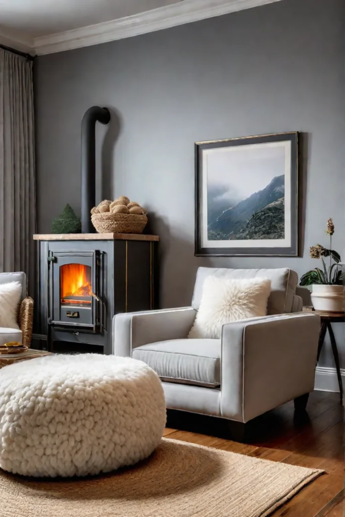 Shearling armchair and faux fur rug in front of a stone fireplace