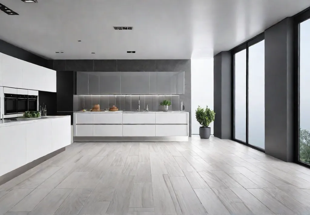 Sleek and modern kitchen with durable tile flooring in a herringbone patternfeat
