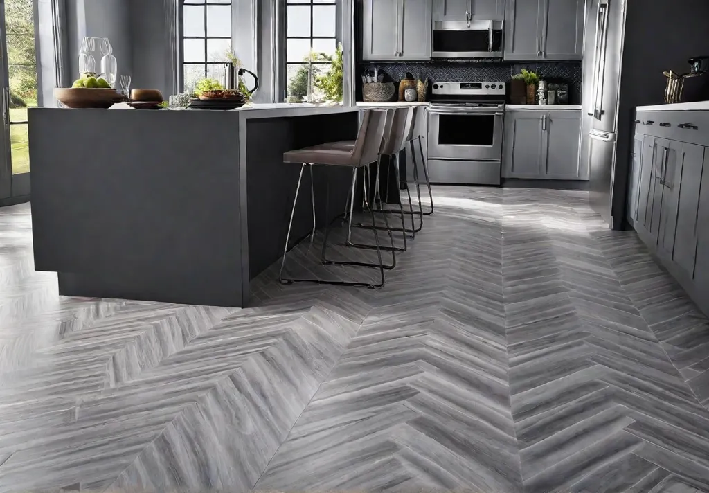 Sleek and modern kitchen with luxury vinyl tile flooring in a herringbonefeat