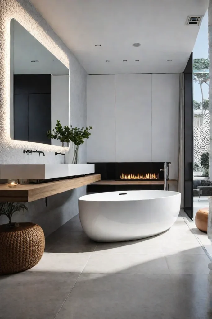 Sleek bathroom with floating vanity and freestanding bathtub