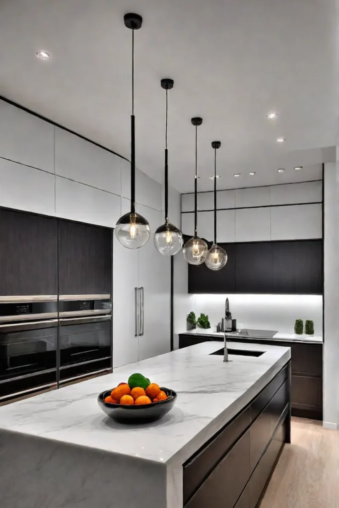 Sleek kitchen with recessed lighting and pendant light