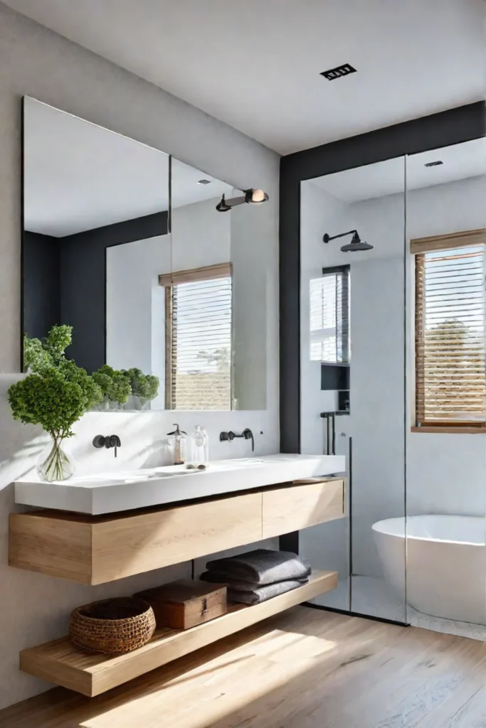 Small bathroom with floating vanity and large mirror