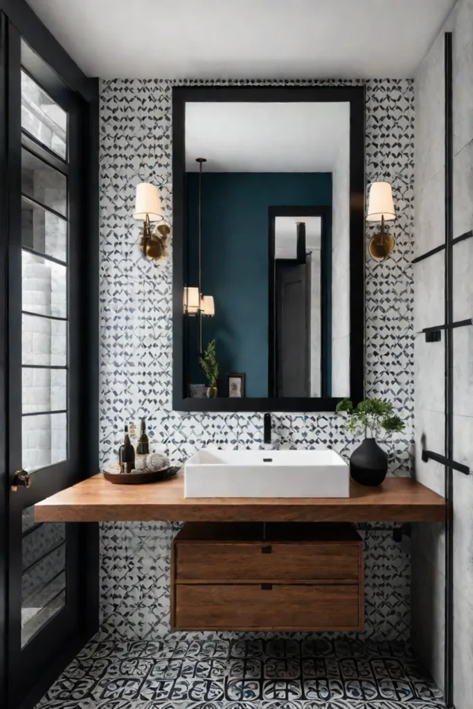 Small bathroom with floating vanity and patterned tile floor