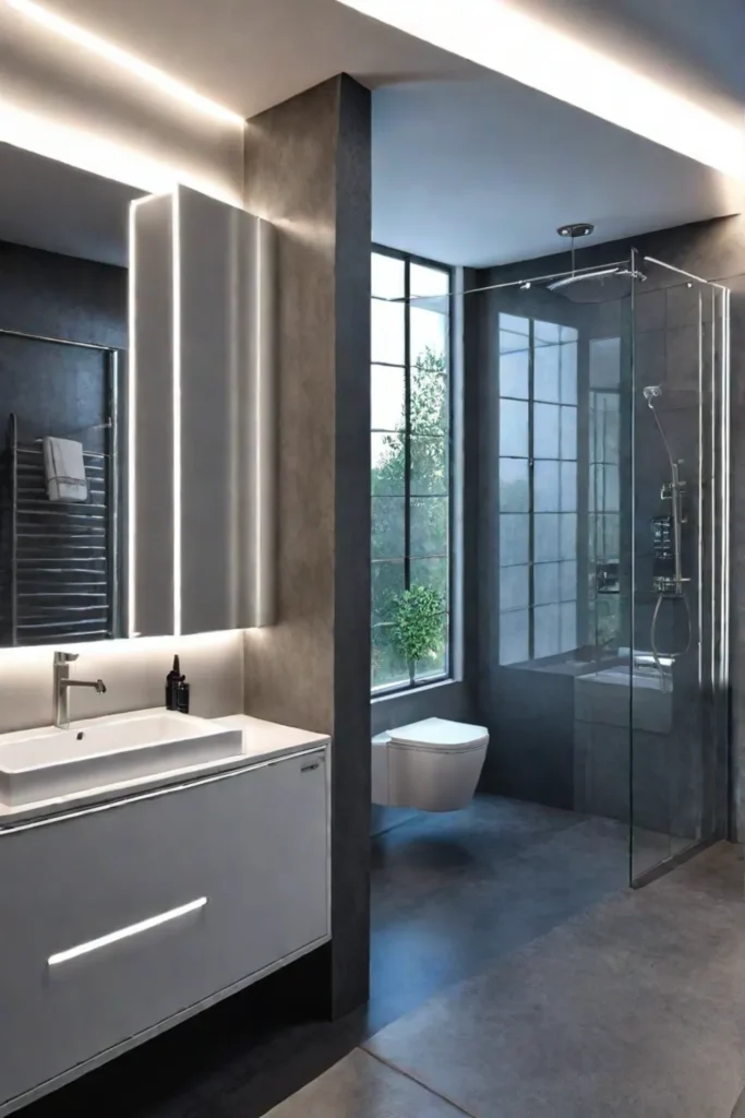 Small bathroom with large mirror and glass shower doors