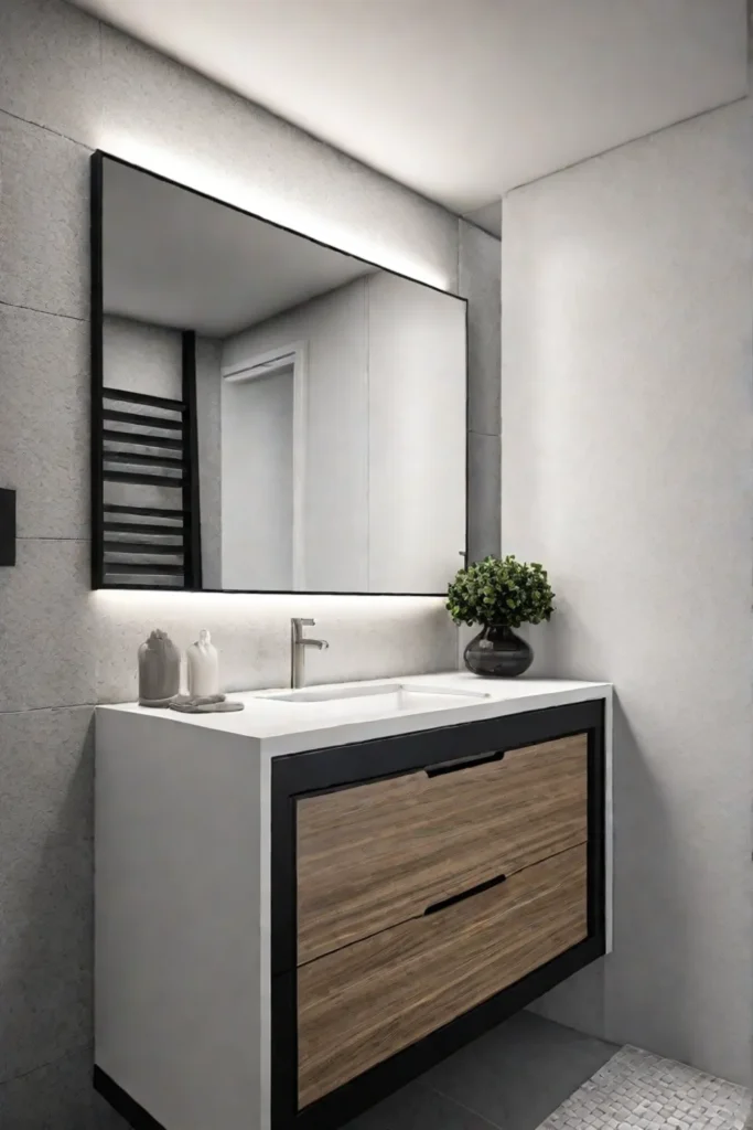 Small bathroom with multifunctional vanity and pullout shelf