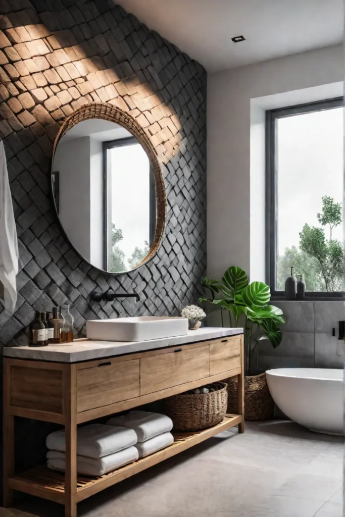 Small bathroom with natural stone tiles and wooden vanity