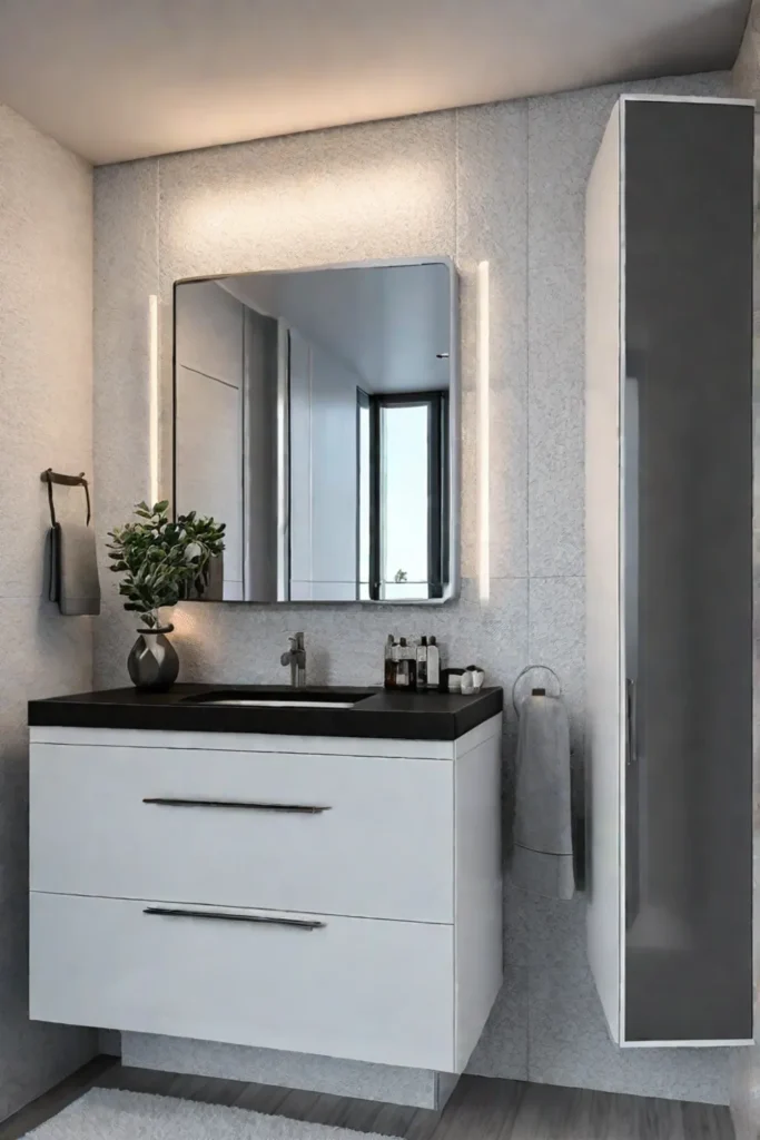 Small bathroom with recessed shelves and undersink cabinets