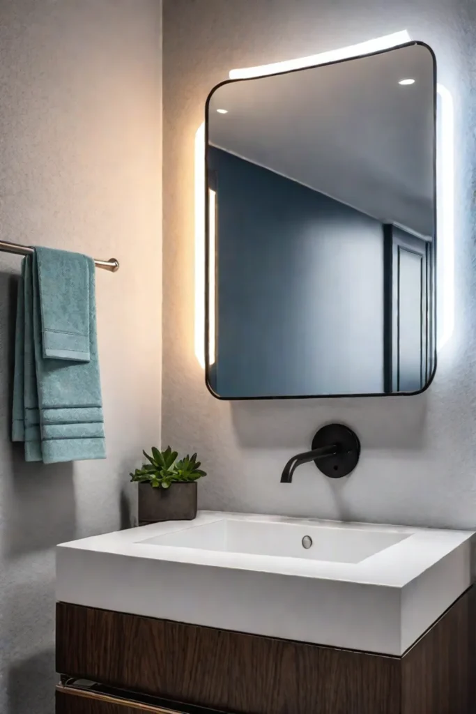 Small bathroom with towel rack that holds toilet paper and vanity mirror